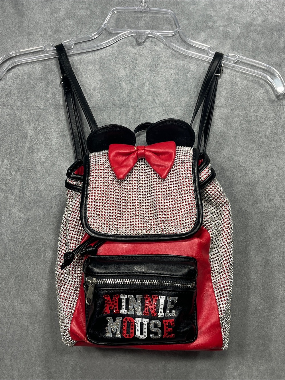 Disney Minnie Mouse Rhinestone Backpack Red Black Bow Ears